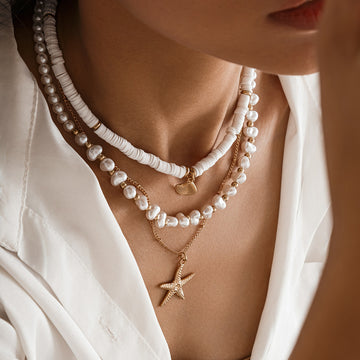 N2607 - Pearl Seashell Star Pendant Beach Necklace